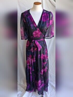 Hope & Ivy Floral Wrap Maxi Dress in Black & Magenta Sz 14 NWT